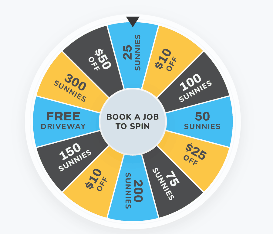 The Sunny Spin wheel from the app, with segments for Sunnies, money off and a free driveway clean